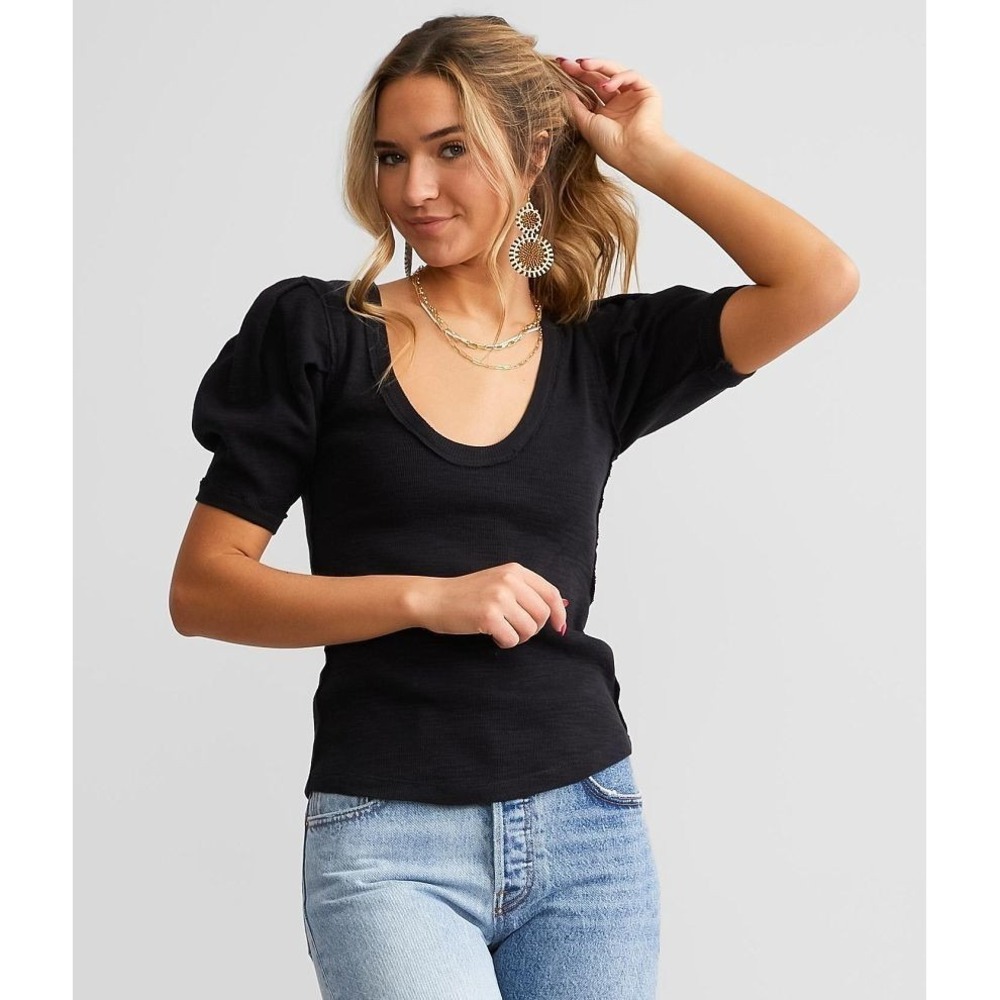 We The Free‎ / Free People Papaya Black T-Shirt Short Sleeve Plunge Scoop Neck
